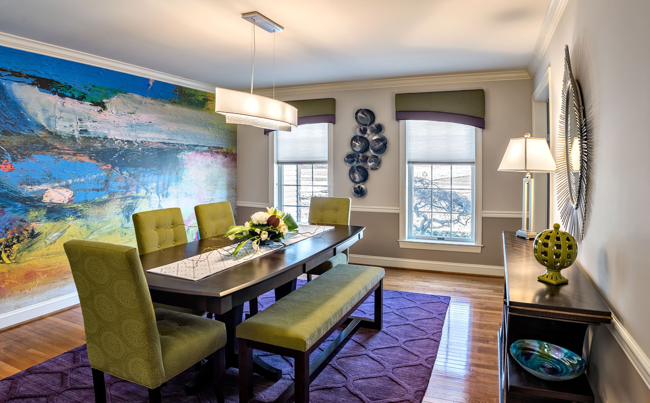 Casual dining in a colorful lime & purple space