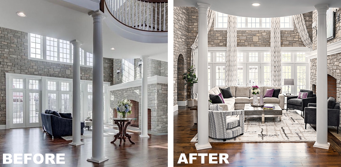 a before and after of Kathy's enormous stone room 