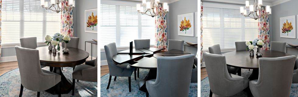 See how this historically designed Jupe table opens up and stores the table leaves.
